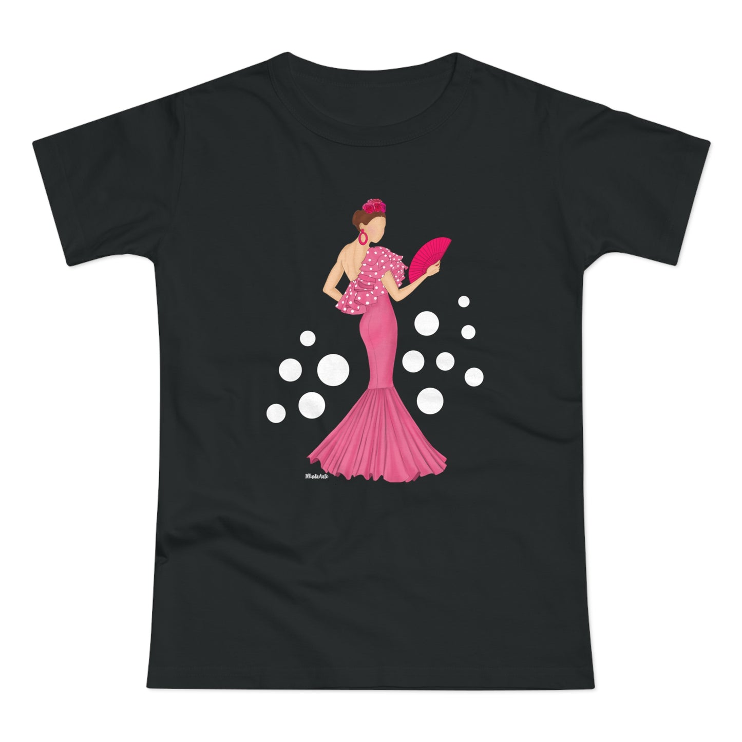 a black t - shirt with a woman in a pink dress