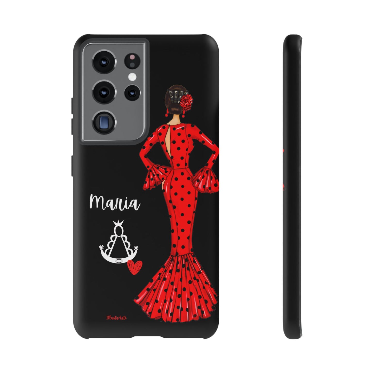 una funda de teléfono con una mujer en un vestido rojo