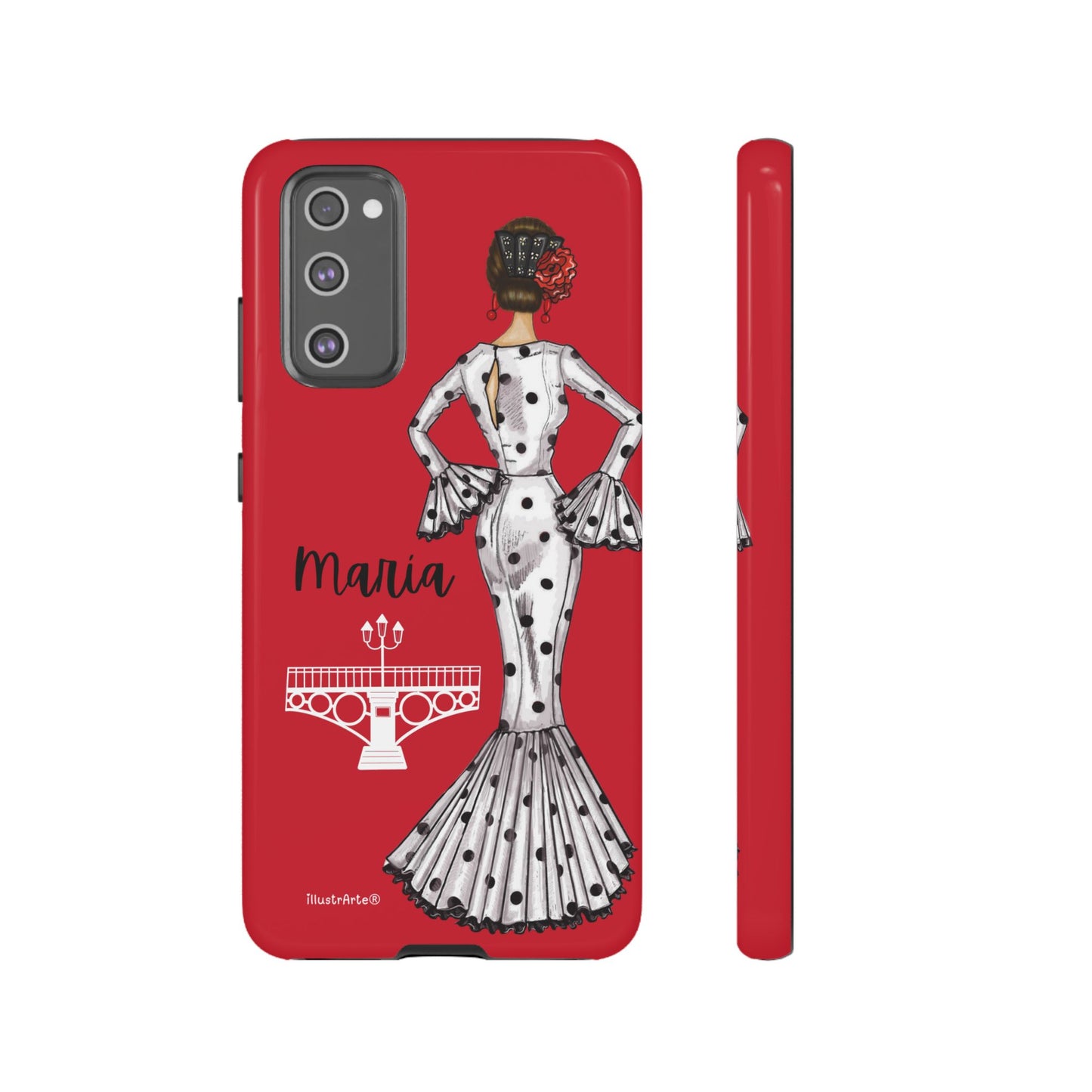 Funda de teléfono personalizable con nombre, diseño flamenco de María, ideal para iPhone y Samsung Galaxy.