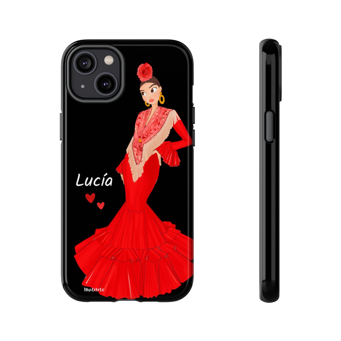 una funda de teléfono con una imagen de una mujer en un vestido rojo