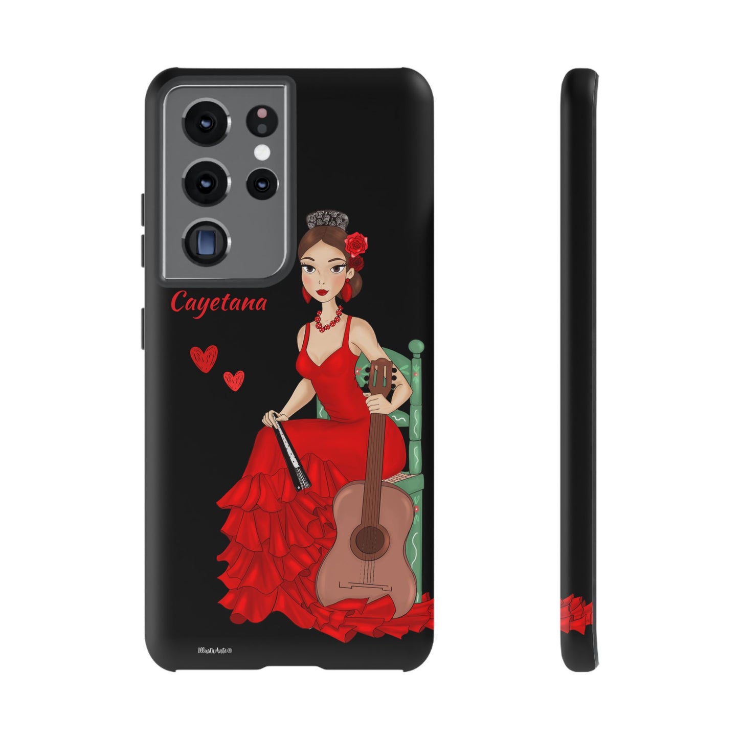 una funda de teléfono con una mujer en un vestido rojo sosteniendo una guitarra