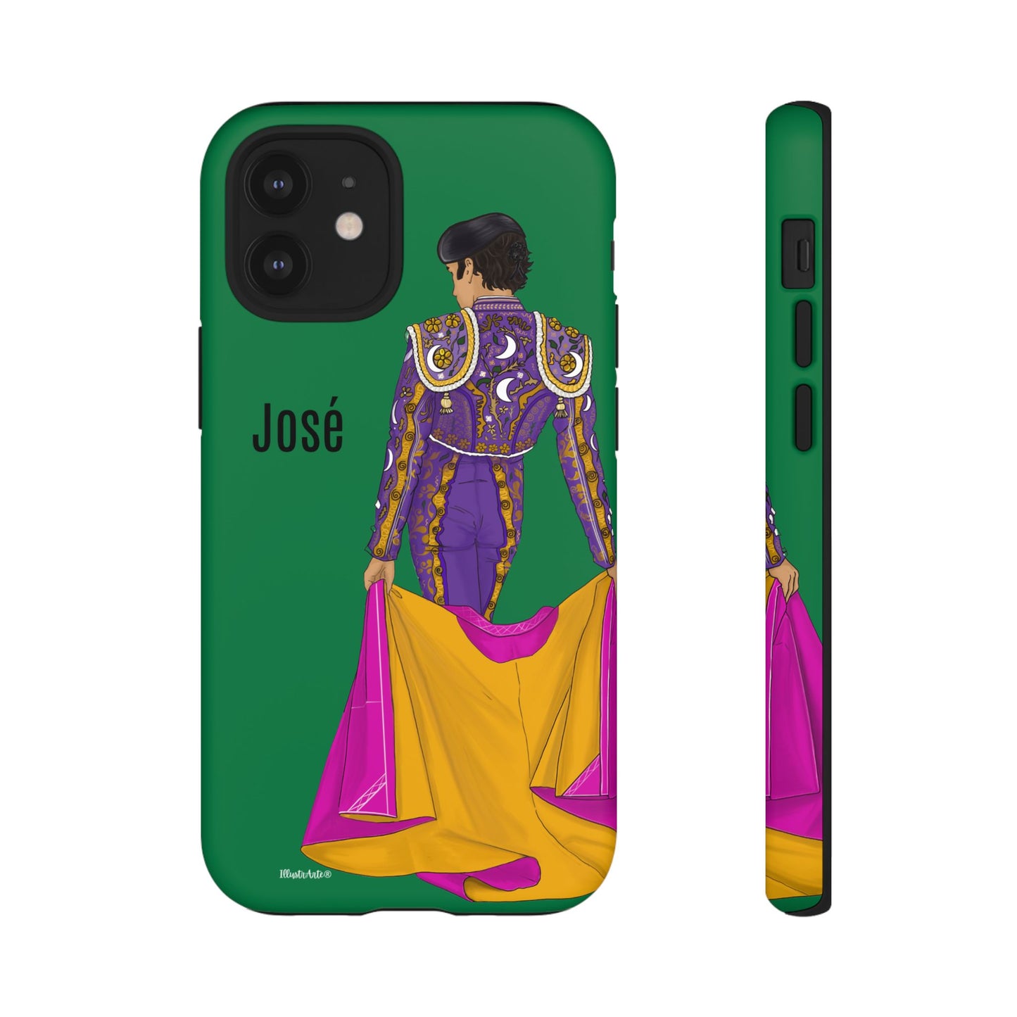 una funda de teléfono con una imagen de una mujer en un vestido púrpura y amarillo