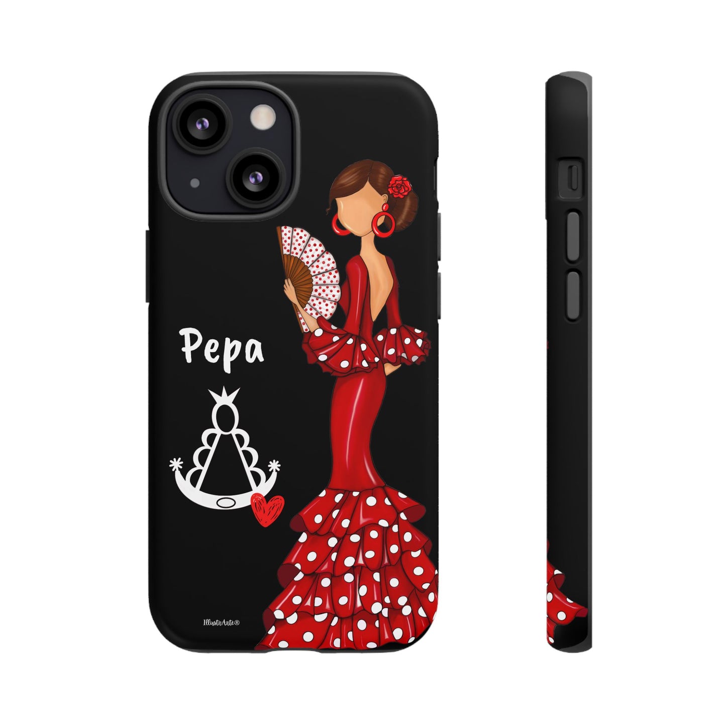 Personalized Pepa phone case on a black background with the Virgin Mary – for iPhone, Samsung, Pixel
