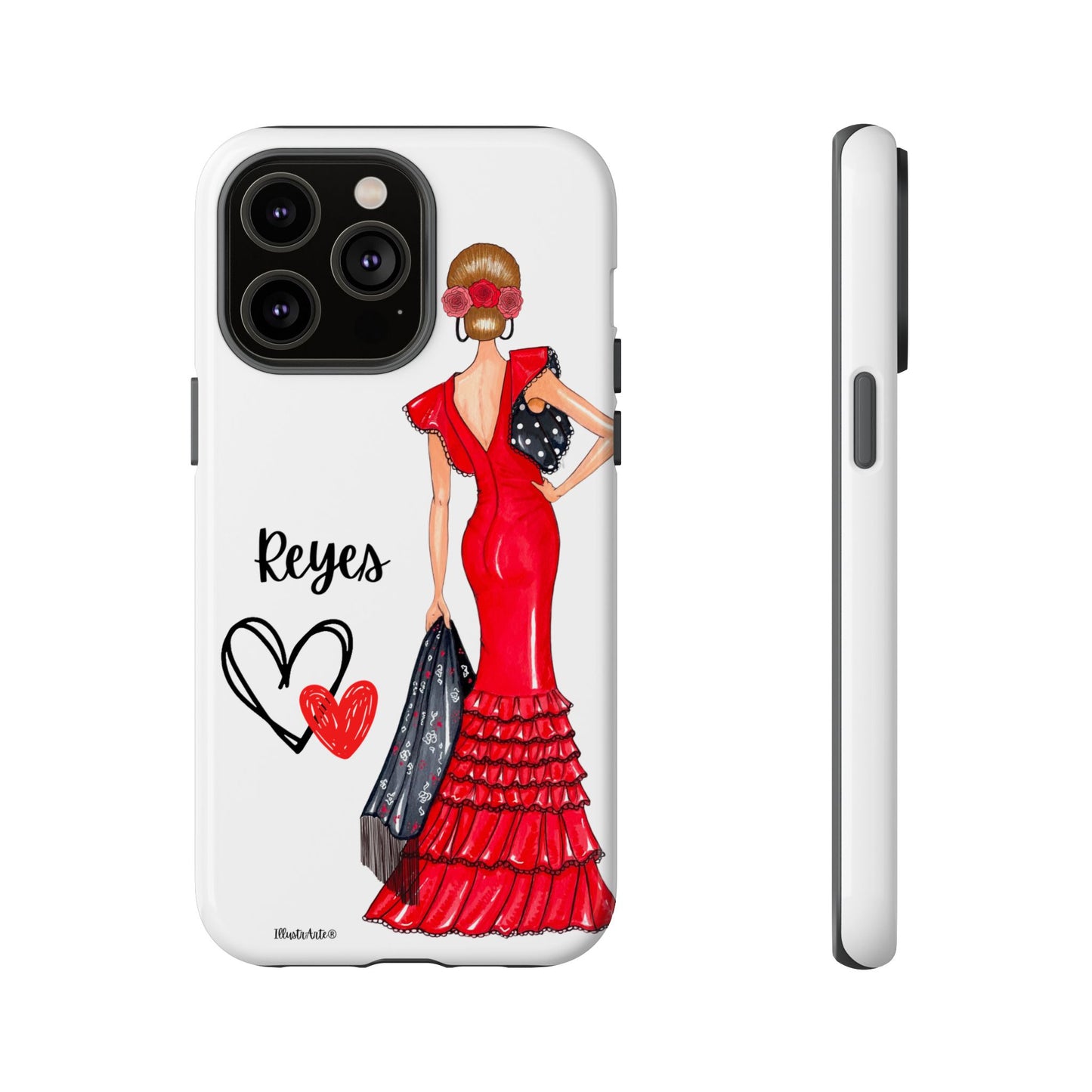 una funda de teléfono con una mujer en un vestido rojo