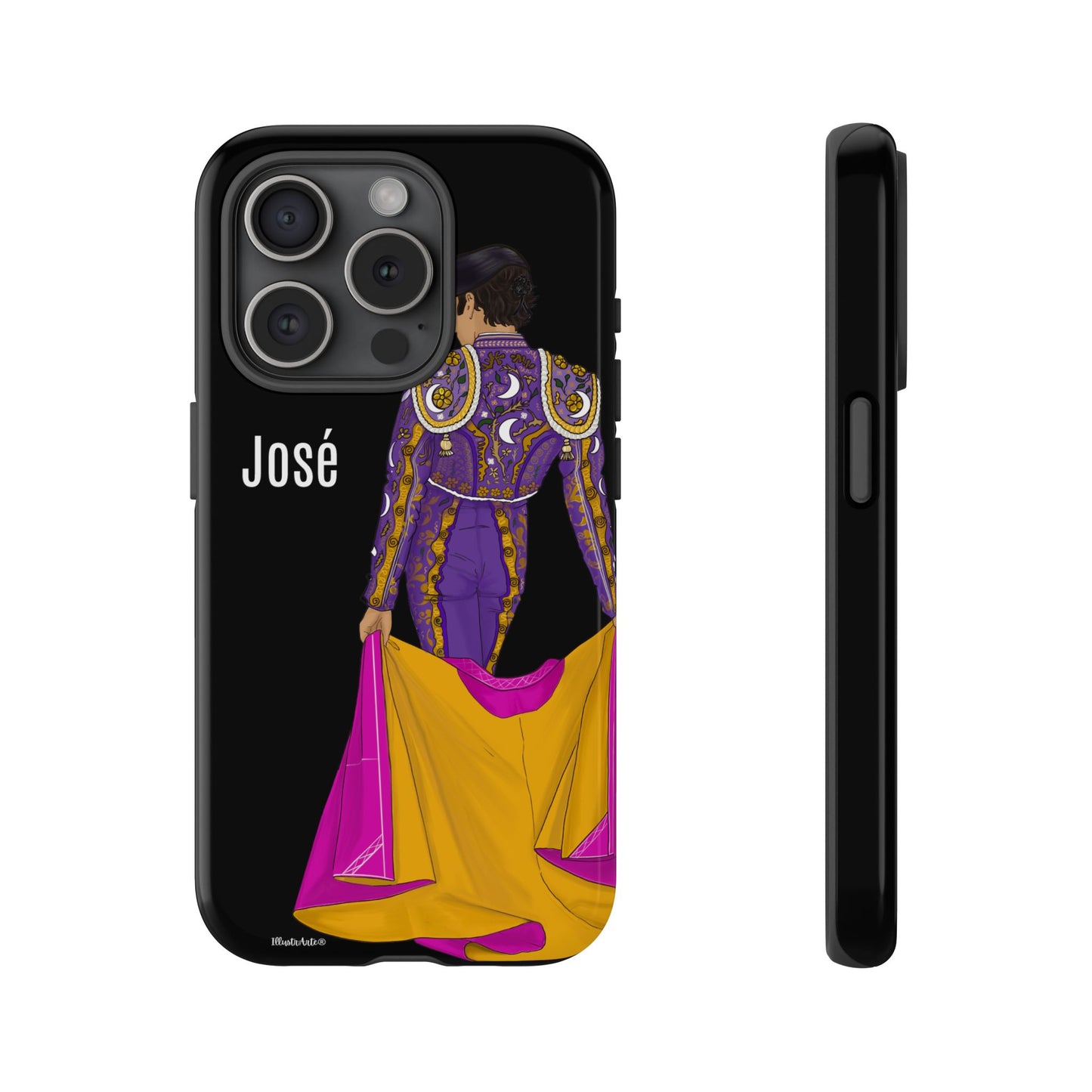 una funda de teléfono con una imagen de una mujer en un traje morado y amarillo