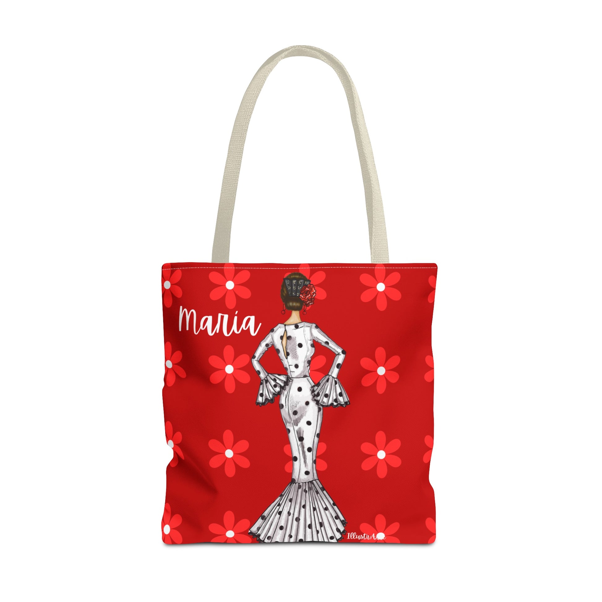 a red tote bag with a picture of a woman on it