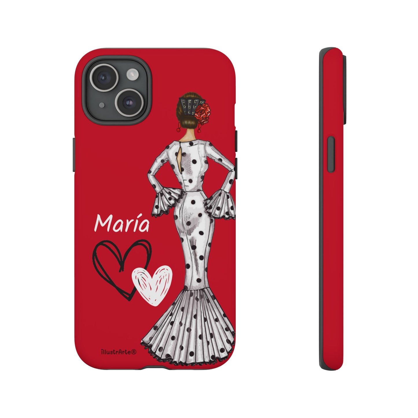 Personalized Maria phone case, white with red hearts background – for iPhone, Samsung, Pixel