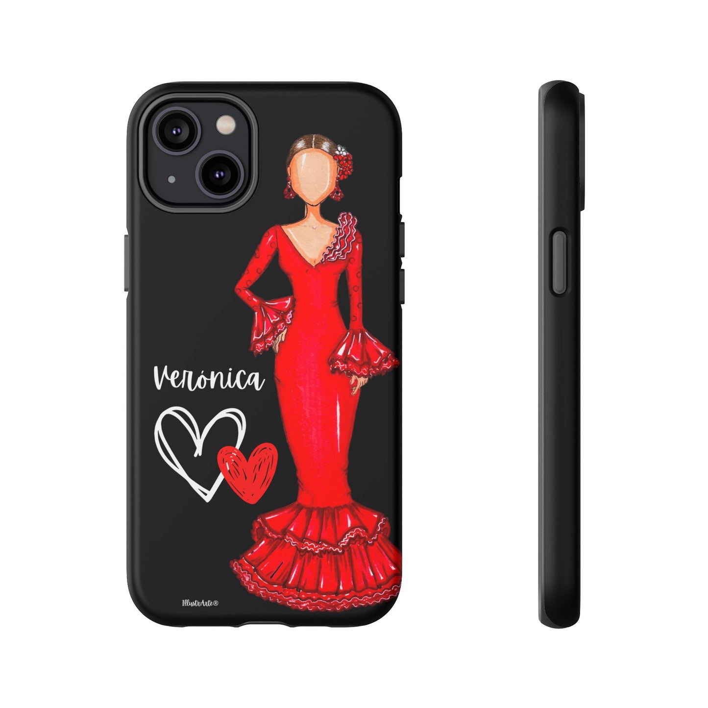 una funda de teléfono con una mujer con un vestido rojo