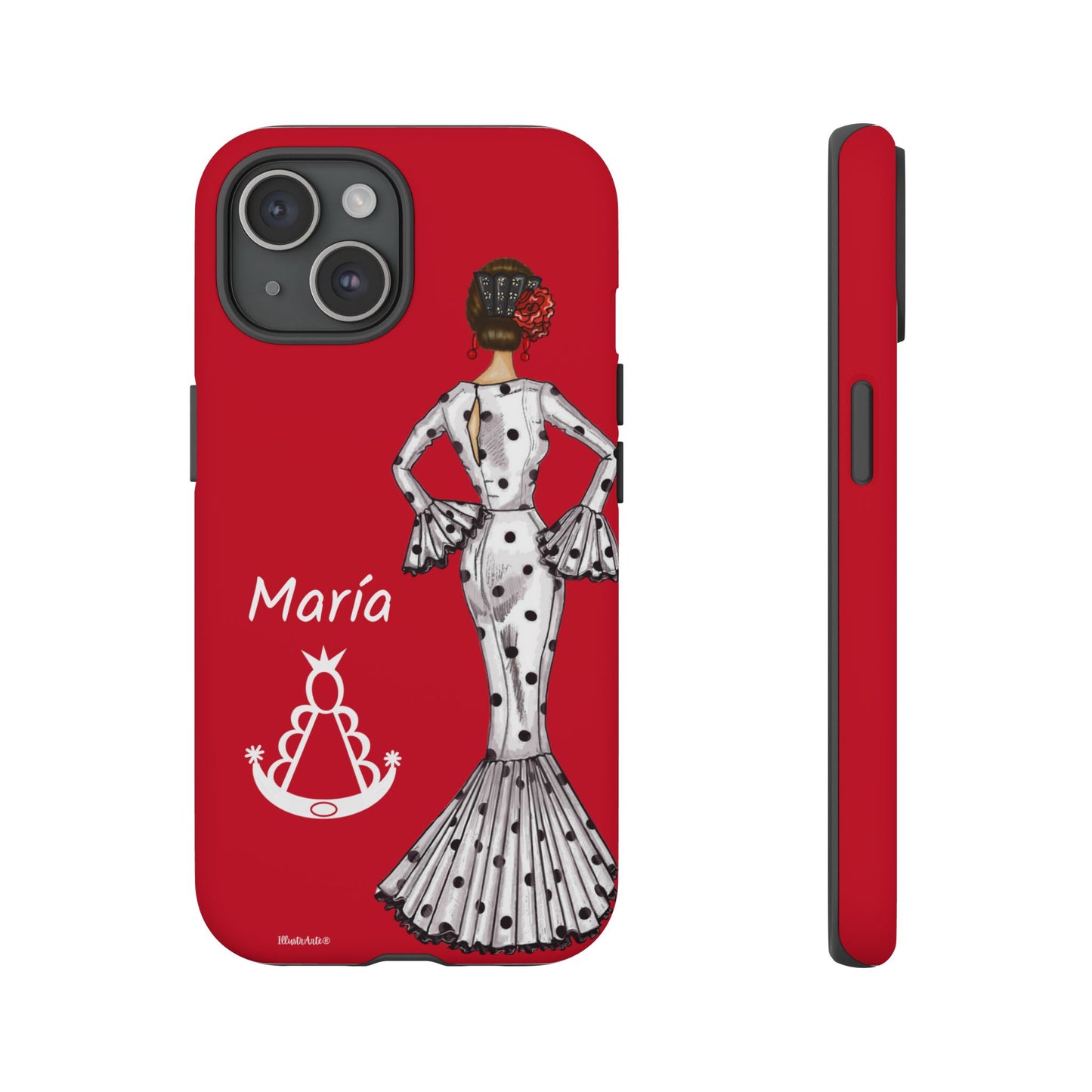 una funda de teléfono roja con una imagen de una mujer en un vestido