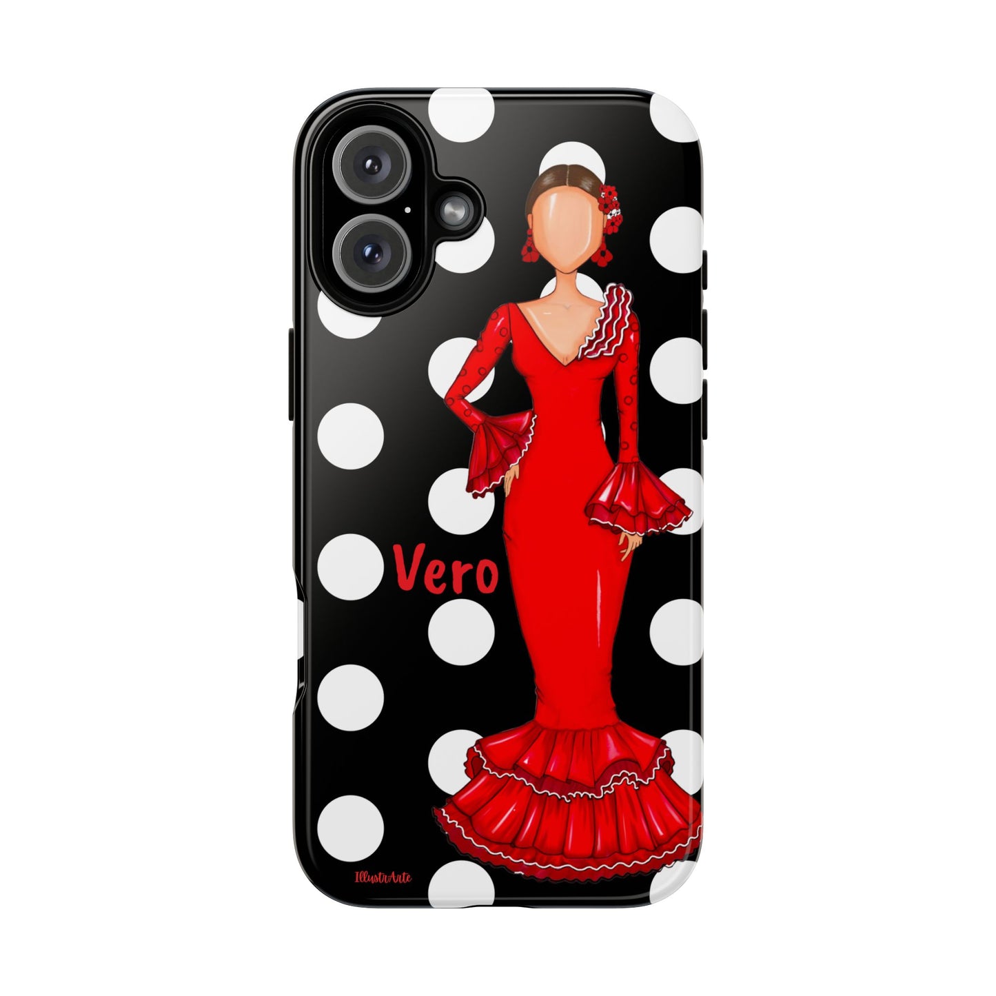 una funda de celular con una mujer en un vestido rojo