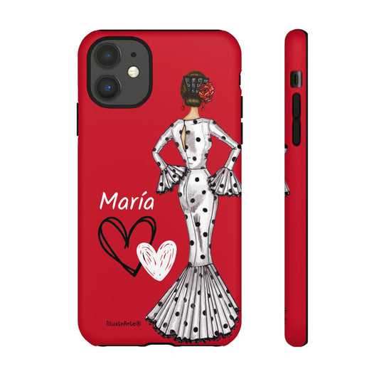 Personalized Maria phone case, white with red hearts background – for iPhone, Samsung, Pixel