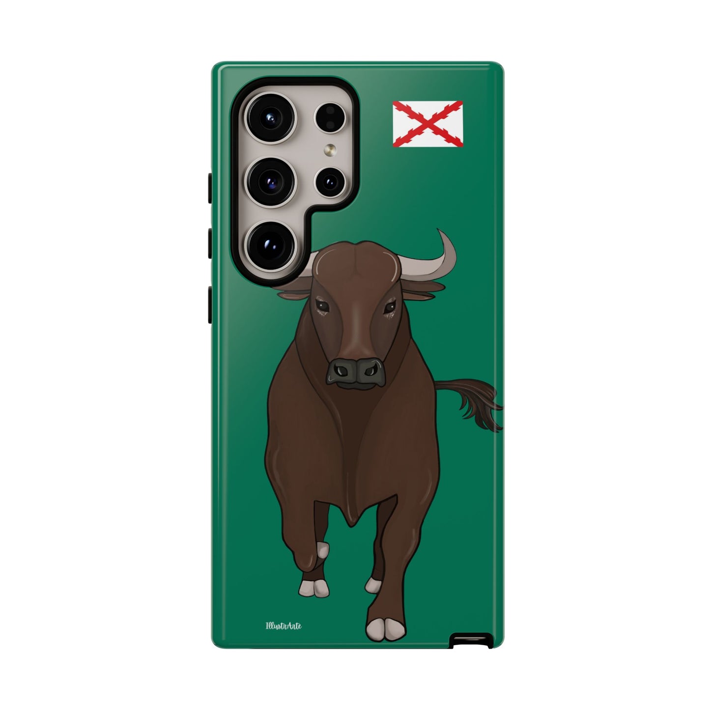 una funda de teléfono con una imagen de un toro en ella