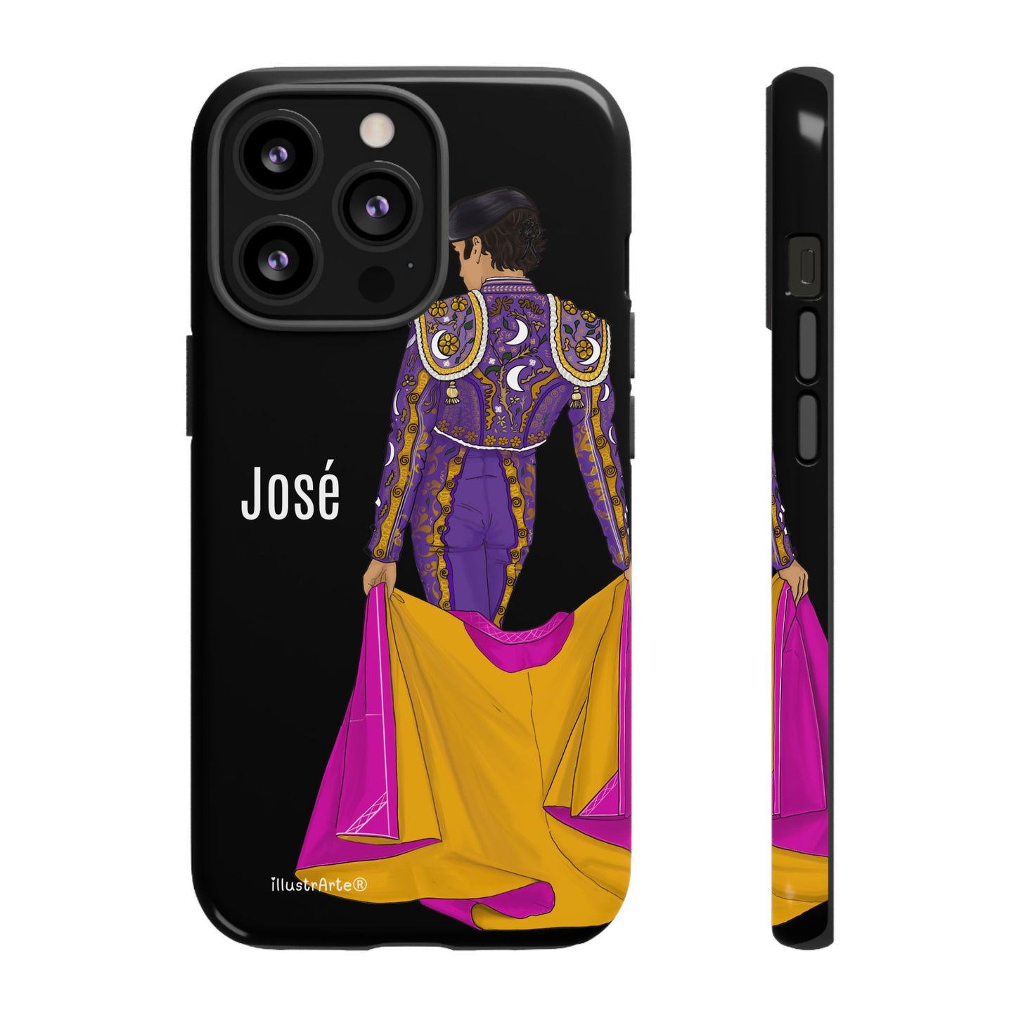 Personalized phone case featuring bullfighter José on a green background – for iPhone, Samsung, Pixel