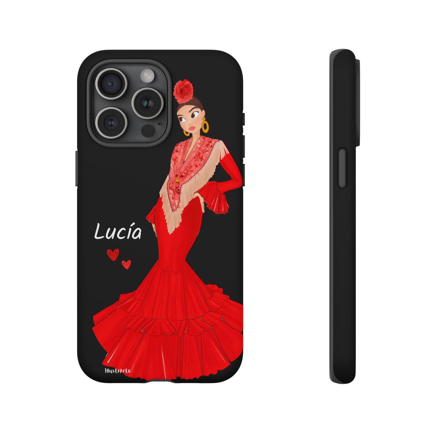 una funda de teléfono con una imagen de una mujer en un vestido rojo