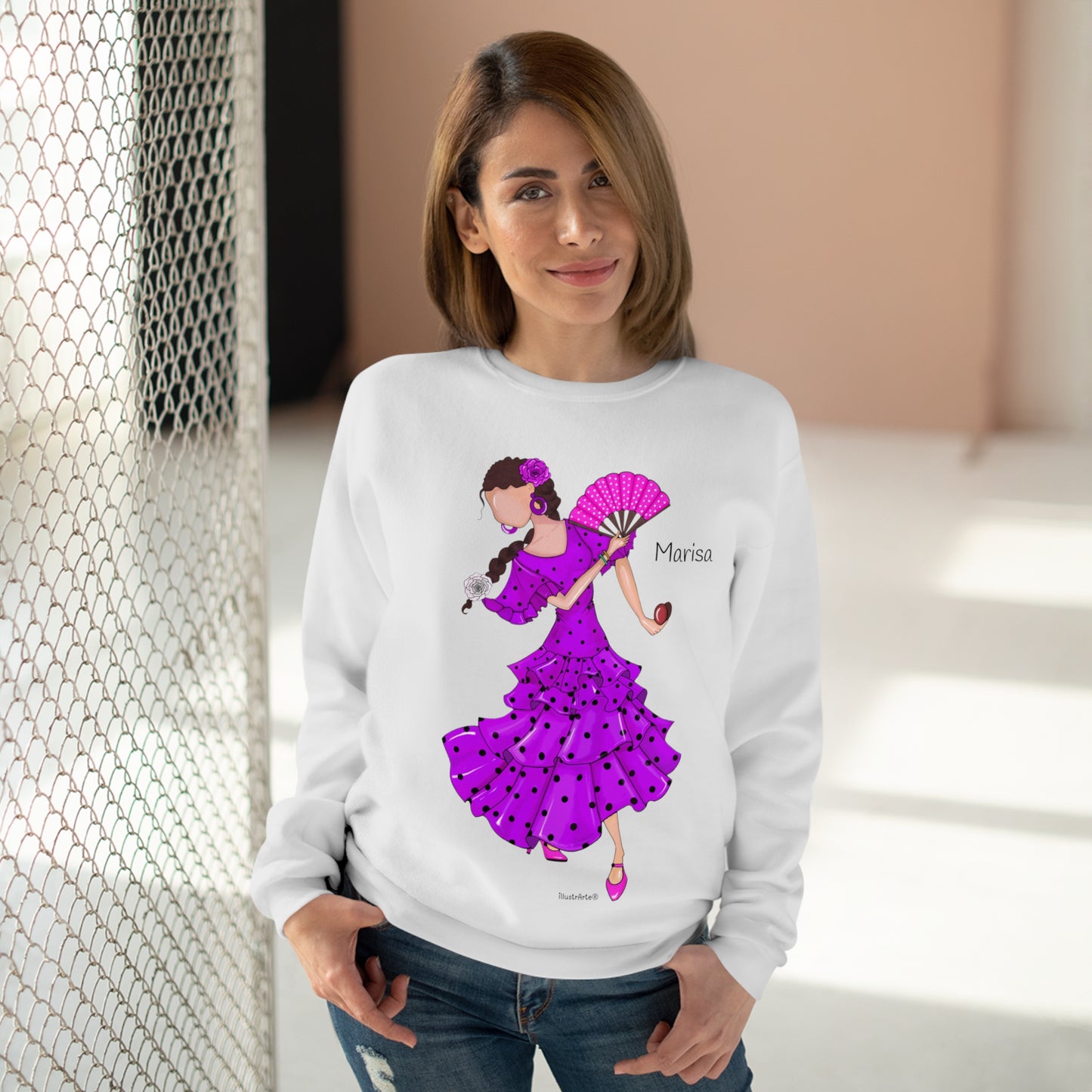 Sudadera Personalizable  - Flamenca Marisa, fondo Blanco.