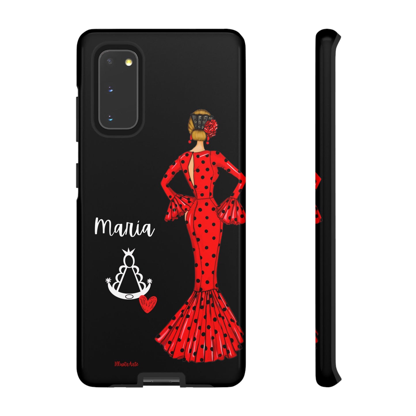 una funda de teléfono con una mujer en un vestido rojo