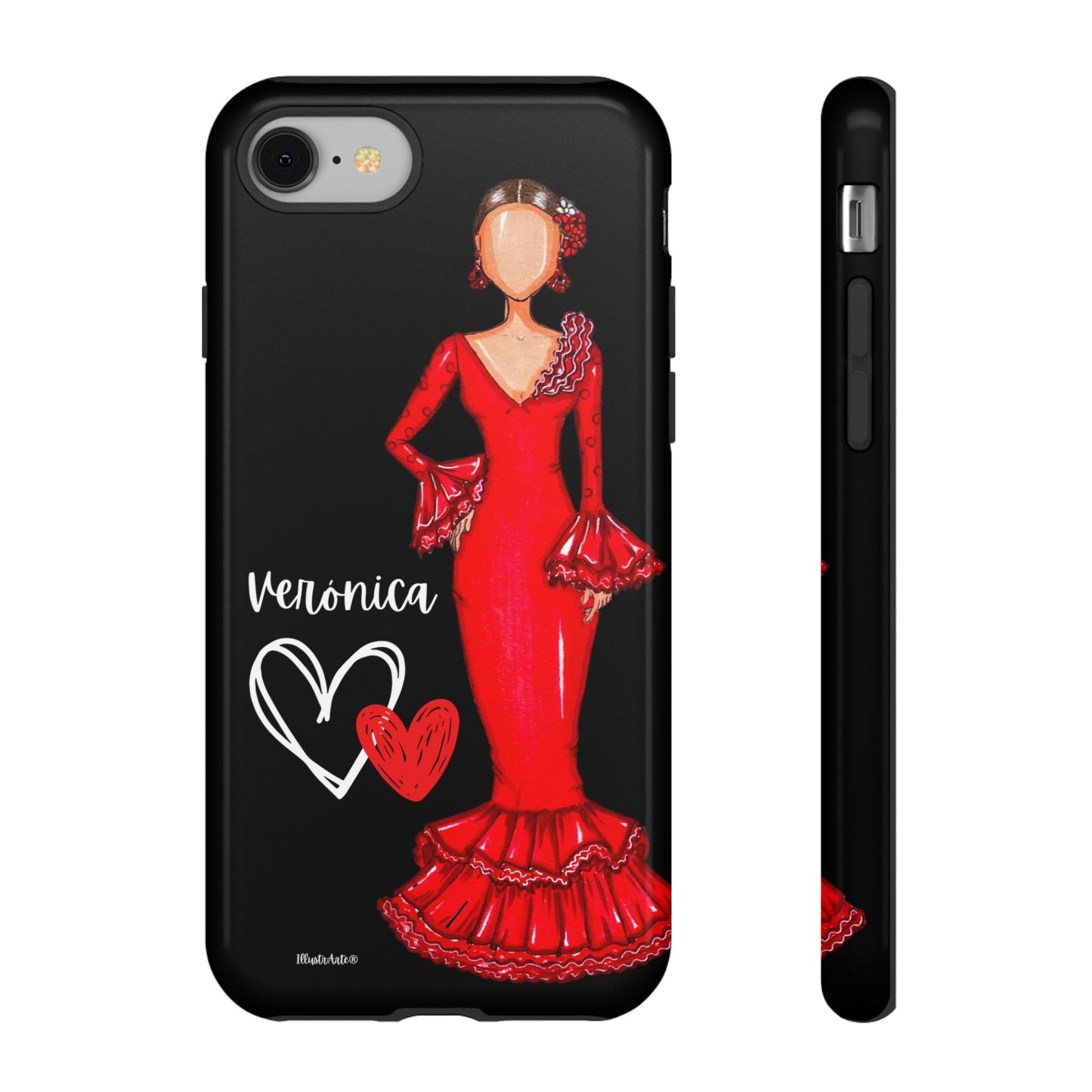 una funda de teléfono con una mujer con un vestido rojo