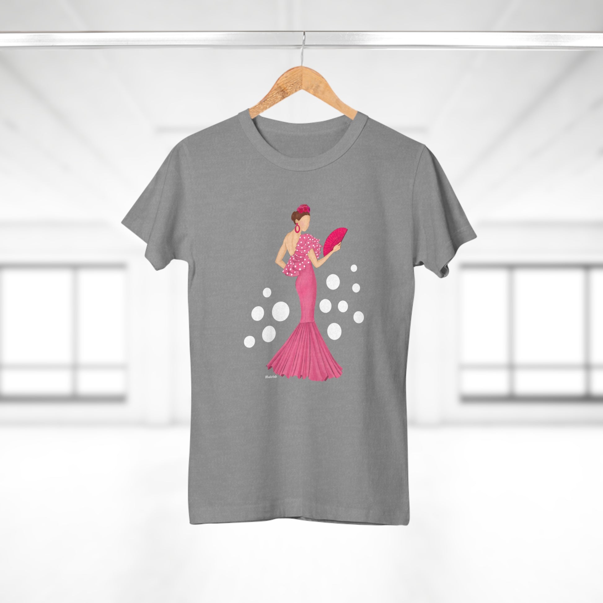 a t - shirt with a woman in a pink dress