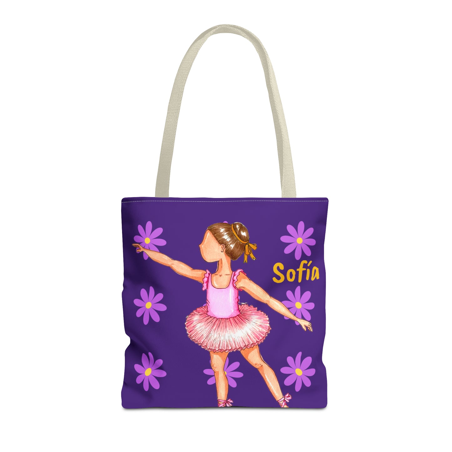 a purple tote bag with a picture of a little girl in a pink dress