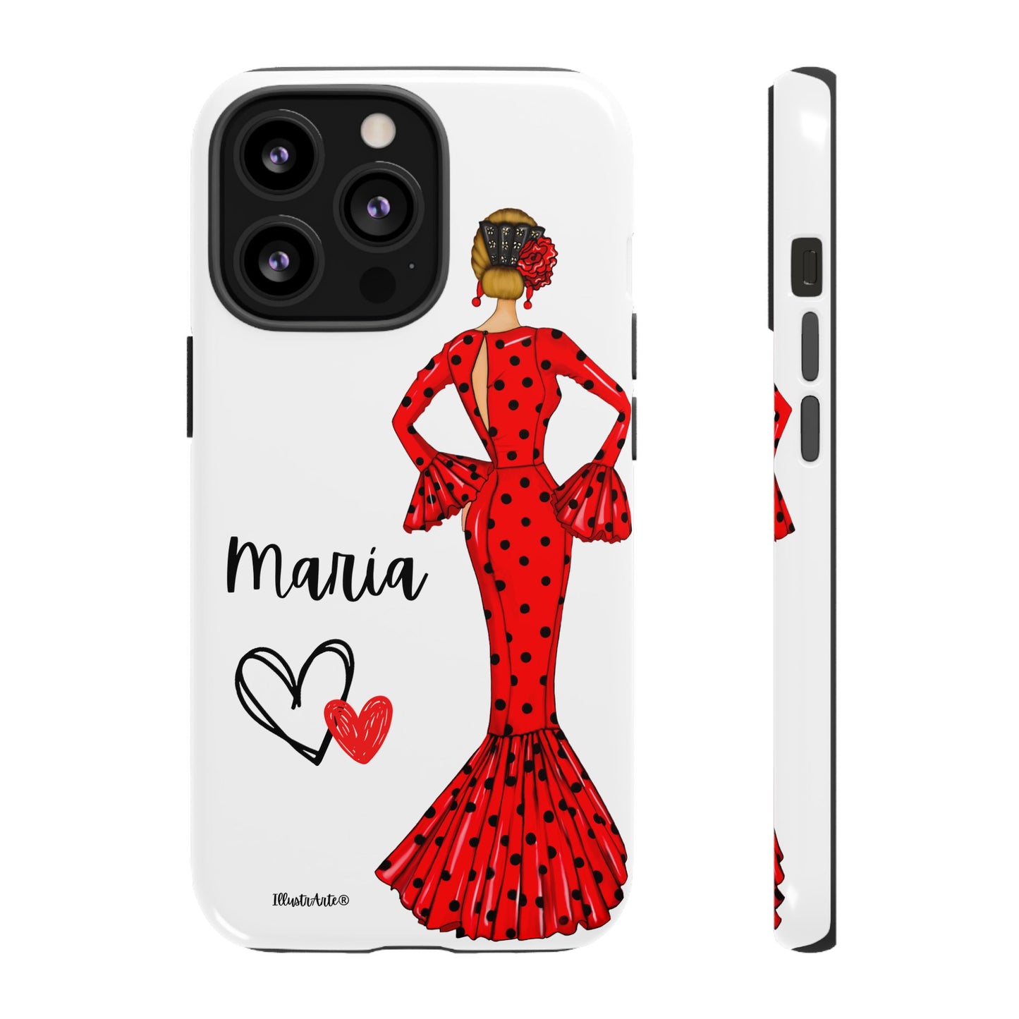 una funda de teléfono con una mujer en un vestido rojo