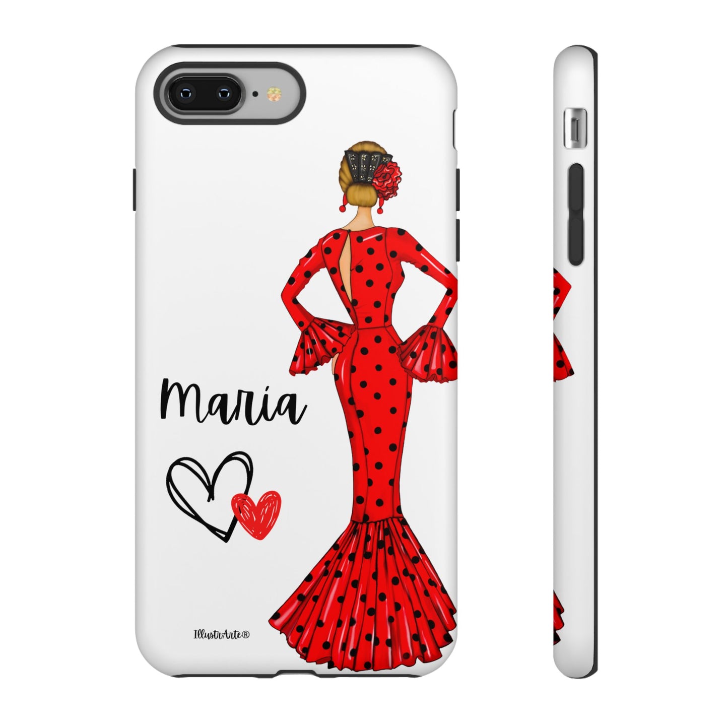 una funda de teléfono con una mujer en un vestido rojo