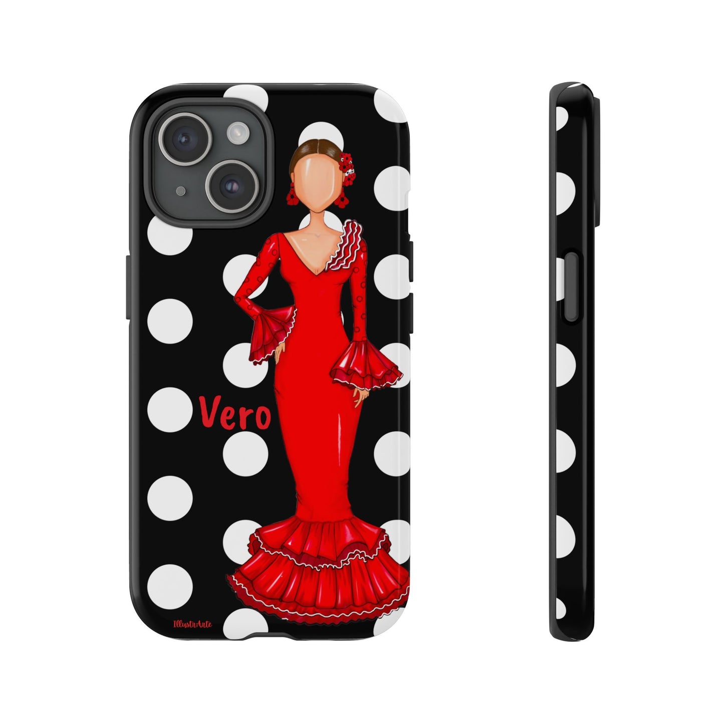 una funda de celular con una mujer en un vestido rojo