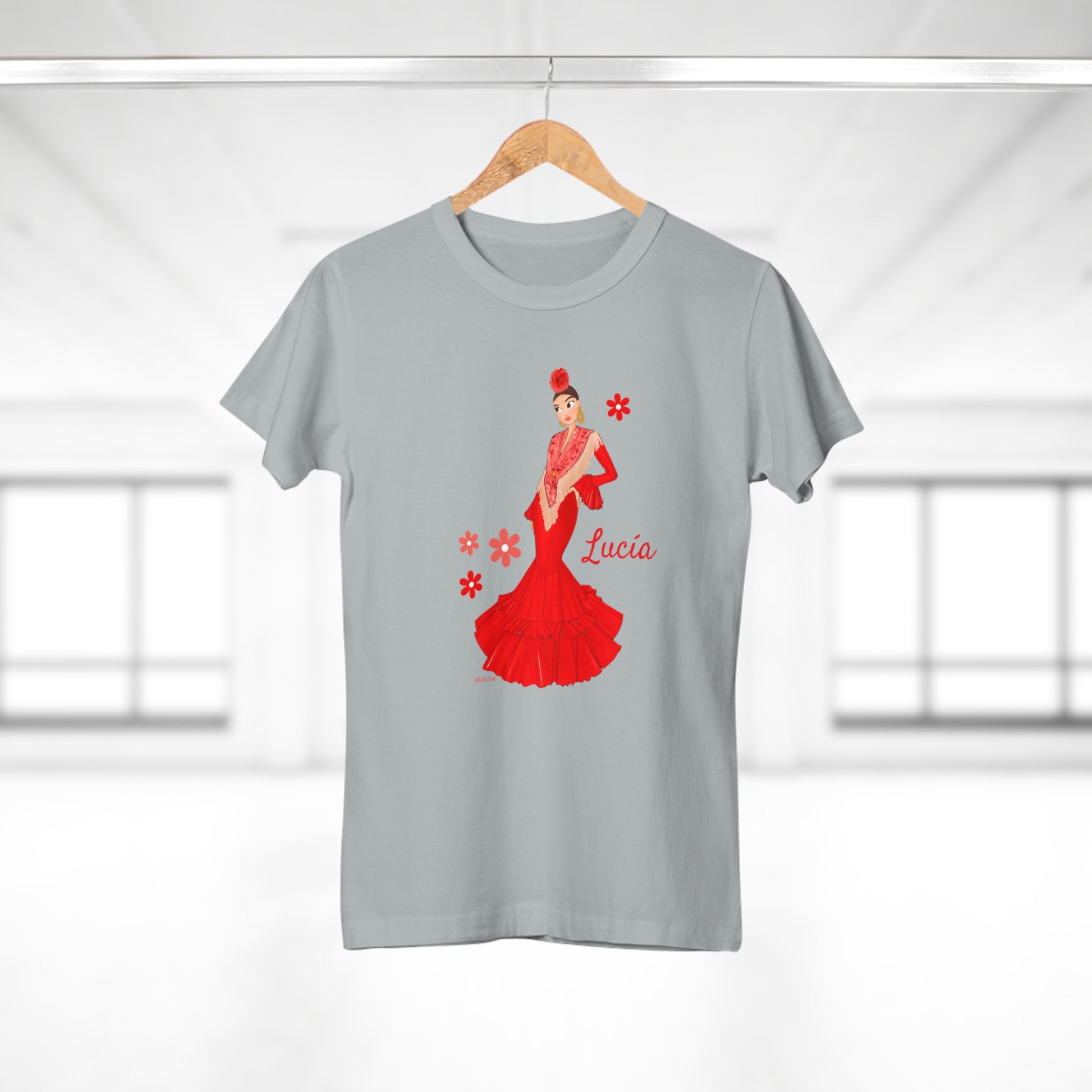 a t - shirt with a woman in a red dress