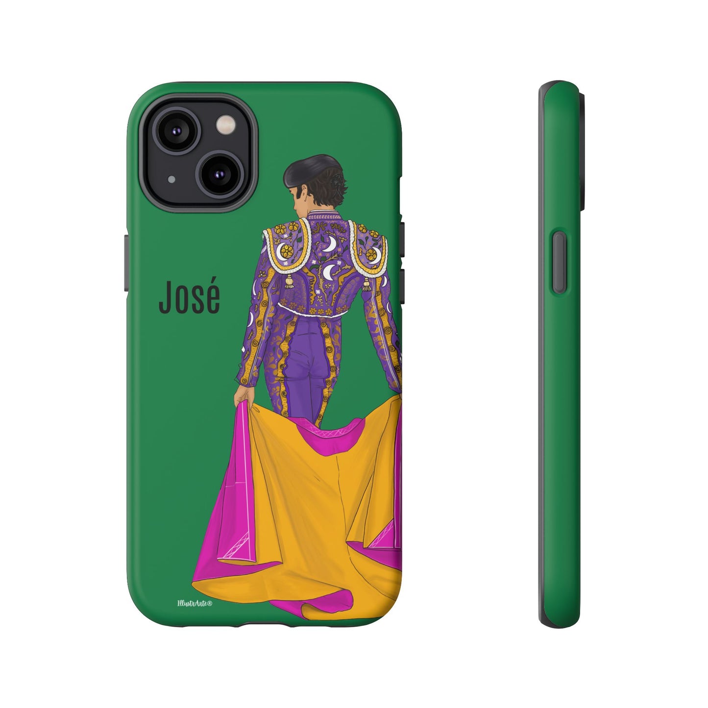 una funda de teléfono verde con una imagen de un hombre en un atuendo púrpura y amarillo