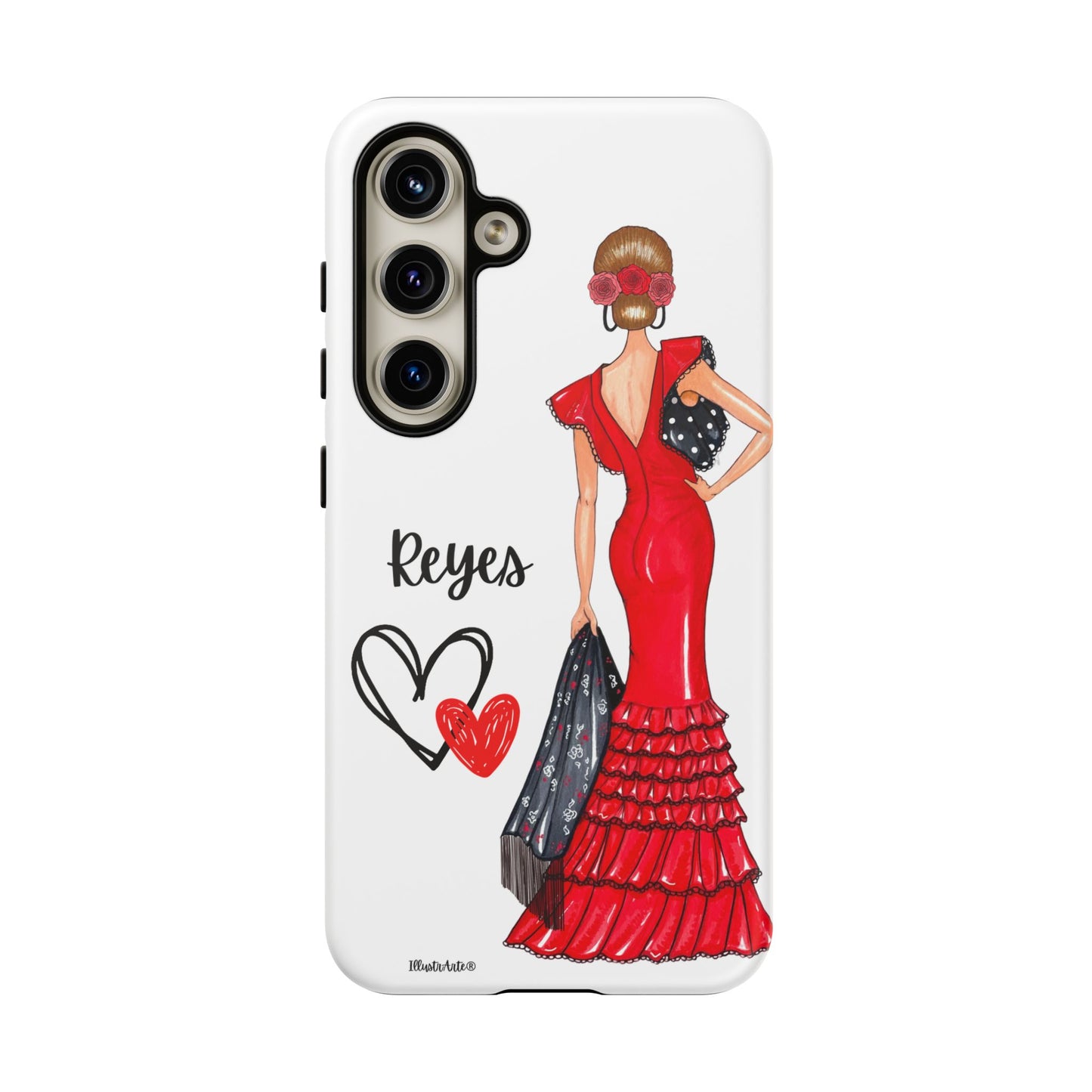 una funda de teléfono con una mujer en un vestido rojo