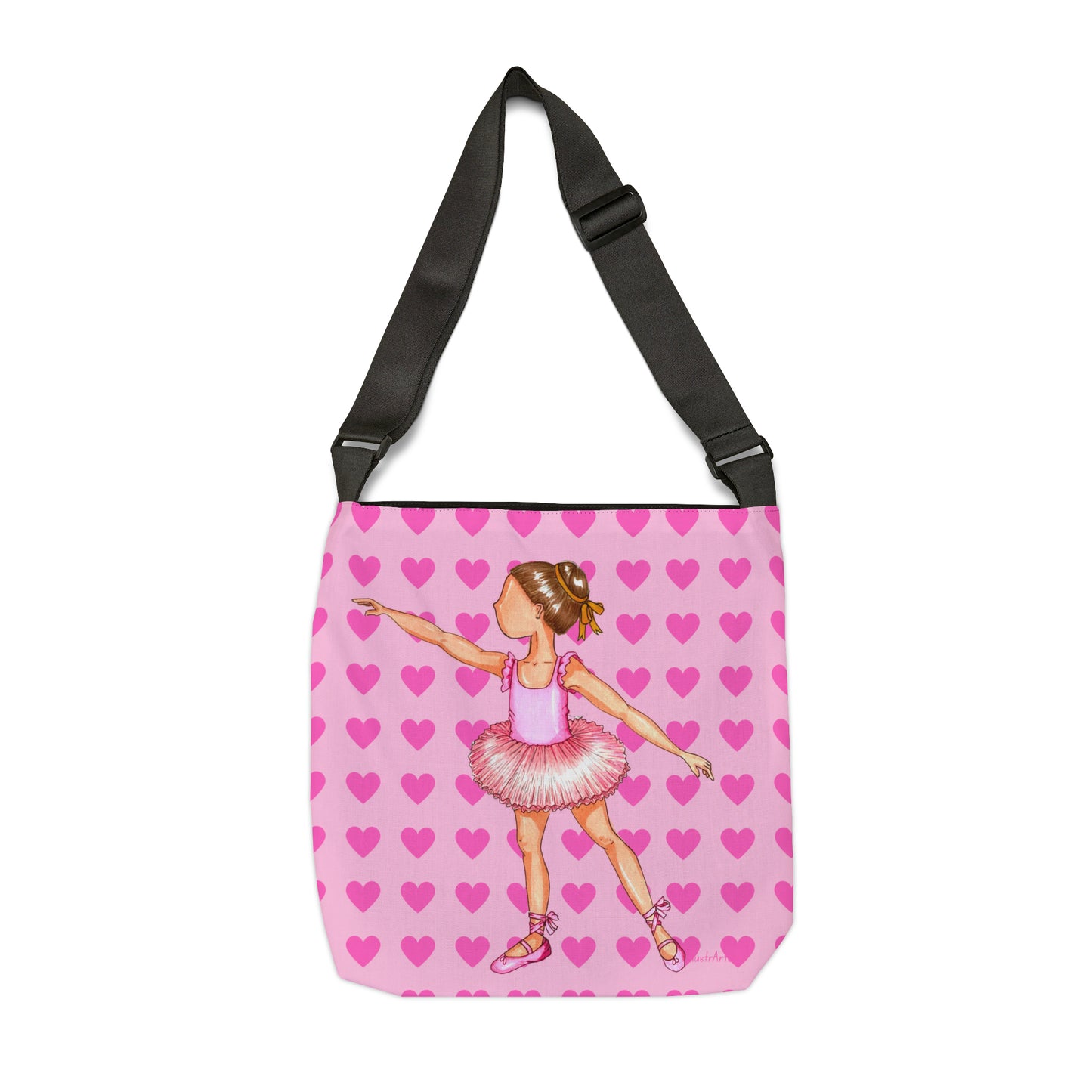 Ballerina Girl Tote Bag with zip, pink dress and pink hearts - IllustrArte