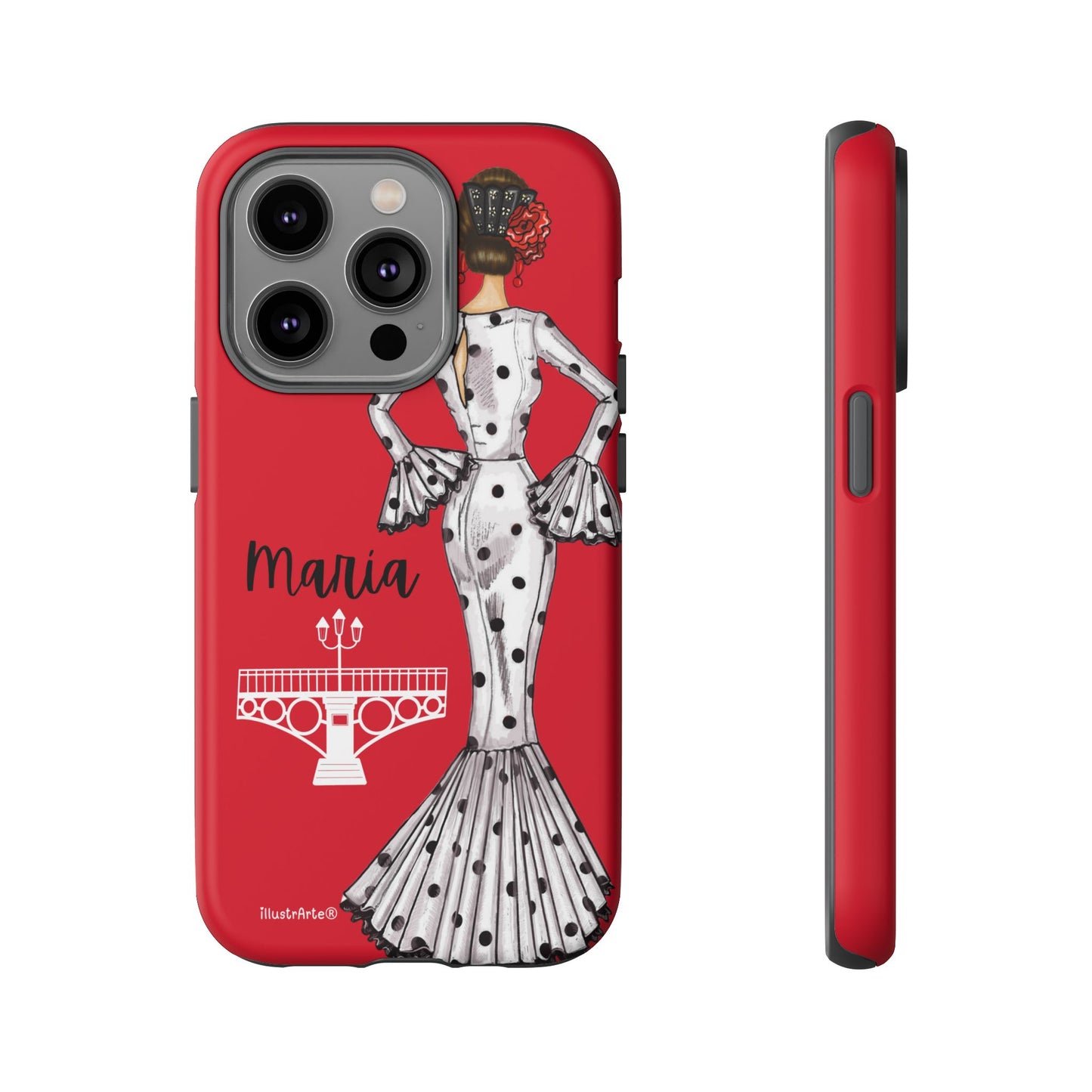 Funda de teléfono personalizable, diseño de flamenca María, perfecta para iPhone y Google Pixel.