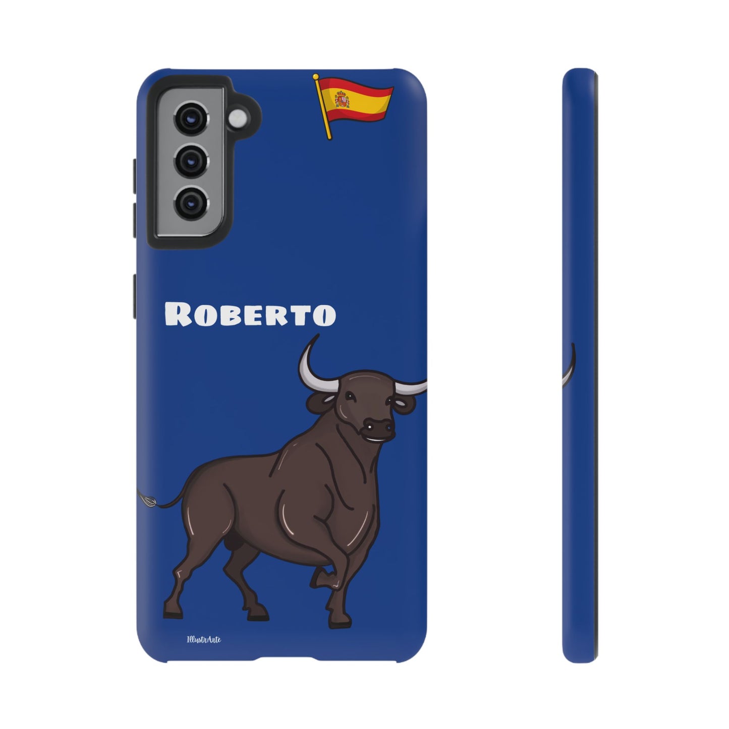 una funda de teléfono azul con un toro en ella