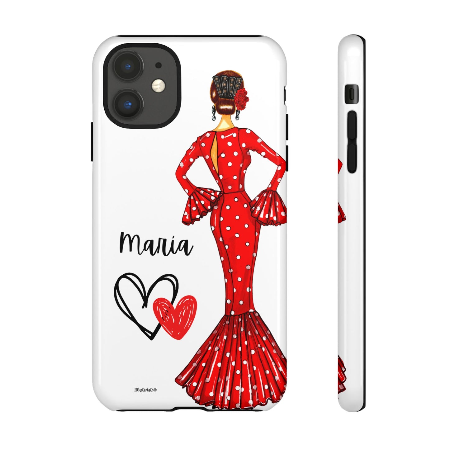 una funda de teléfono con una mujer en un vestido rojo