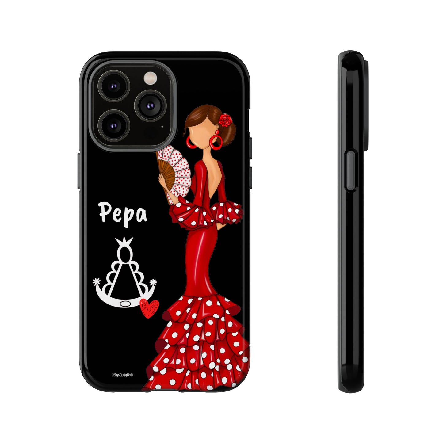 Personalized Pepa phone case on a black background with the Virgin Mary – for iPhone, Samsung, Pixel