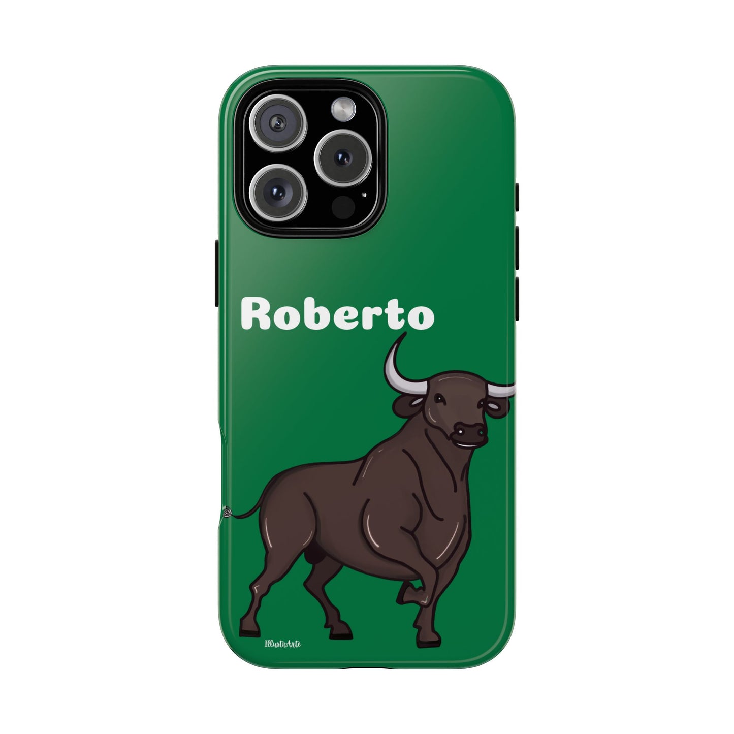 una funda de teléfono verde con un toro en ella