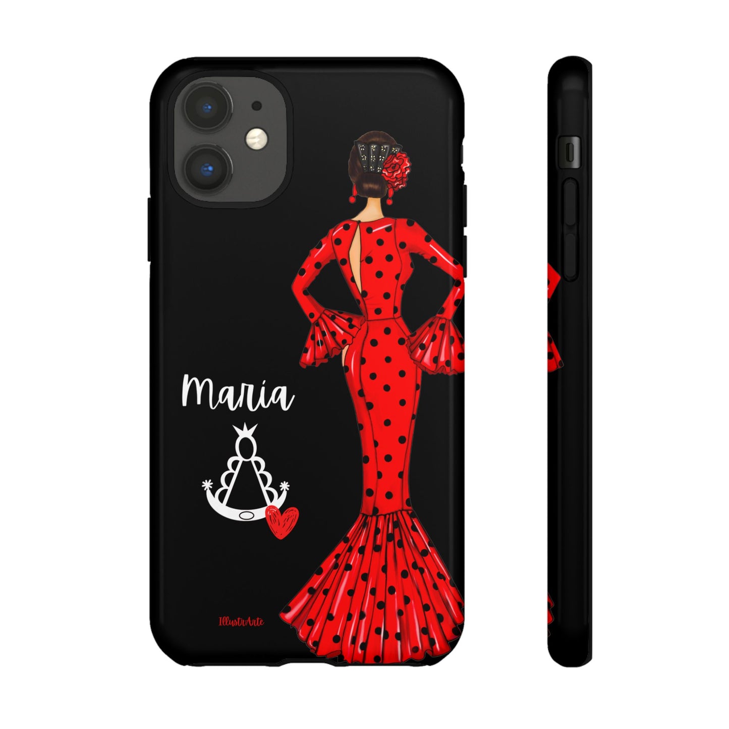 una funda de teléfono con una mujer en un vestido rojo