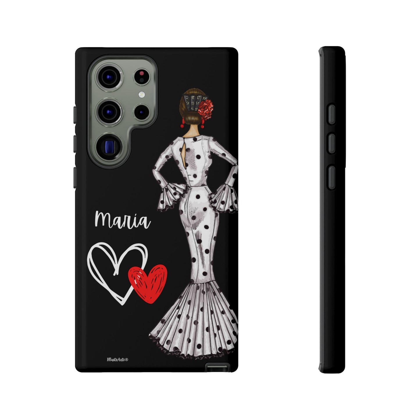 una funda de teléfono con una mujer en un vestido