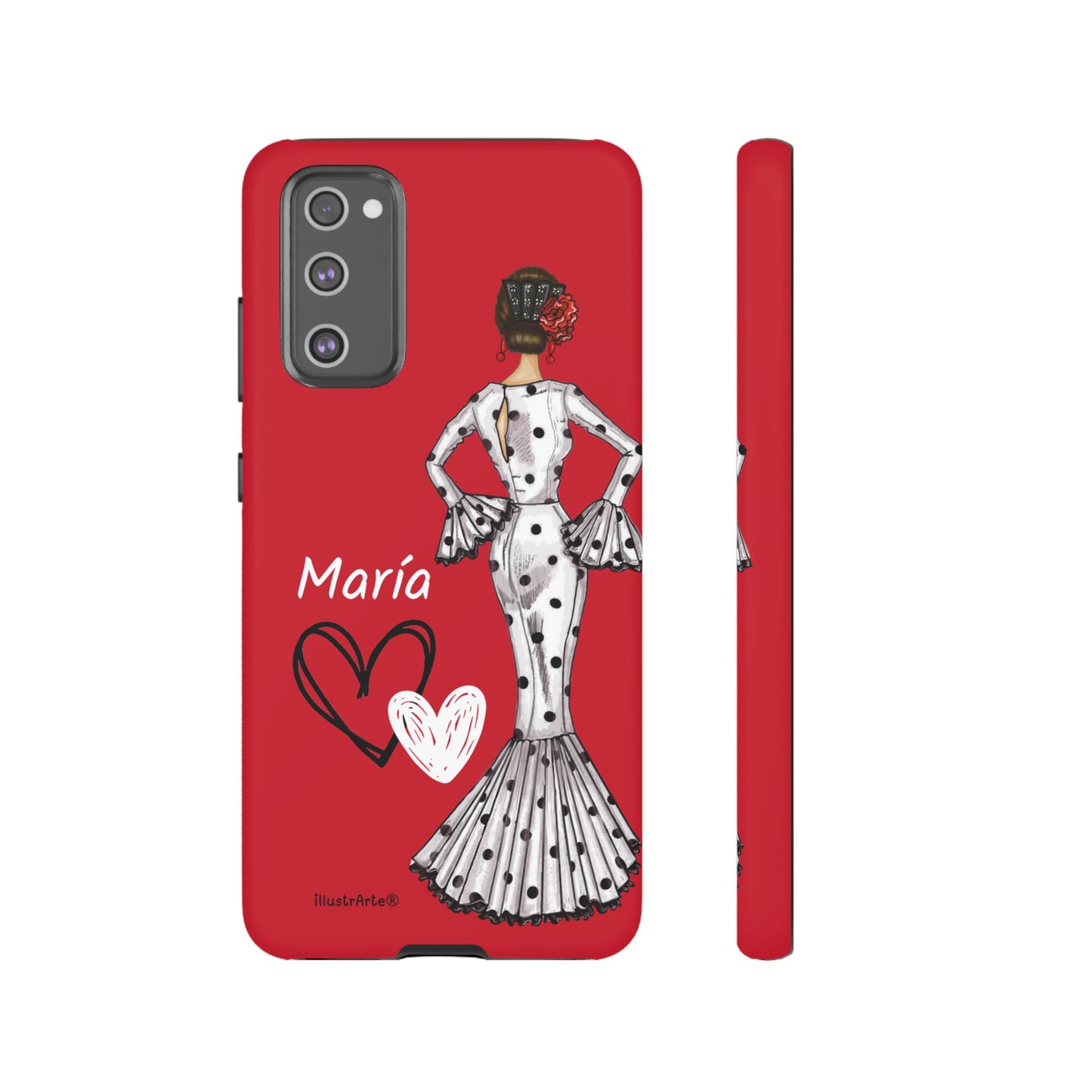 Personalized Maria phone case, white with red hearts background – for iPhone, Samsung, Pixel