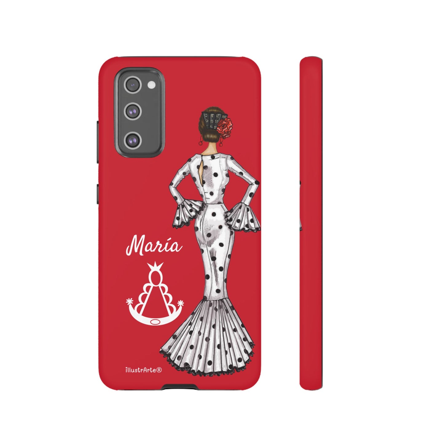 Capa de telefone personalizável com nome/bandeira/Virgem - modelo White Mary com Virgen del Rocío para iPhone, Samsung e Google Pixel