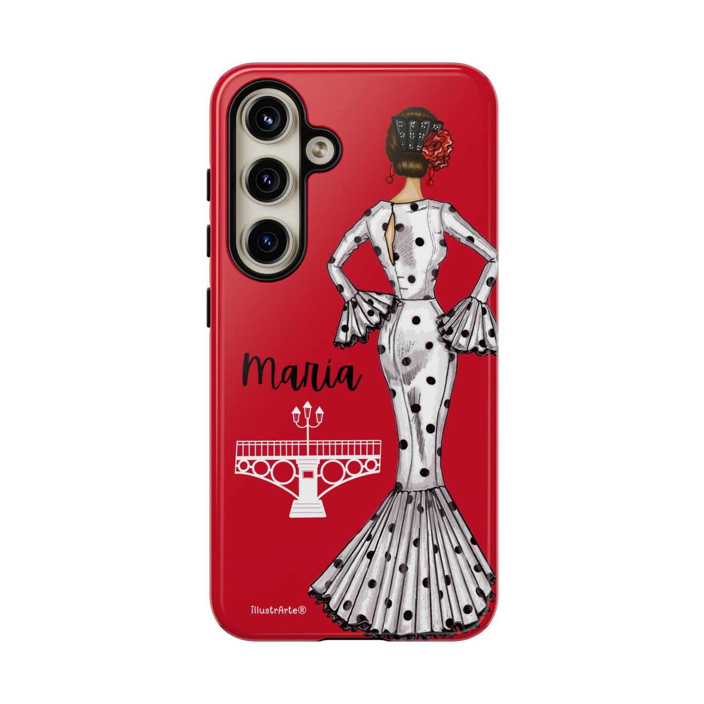 Funda de teléfono personalizada con diseño singular de flamenca María, ideal para quienes buscan un detalle especial.