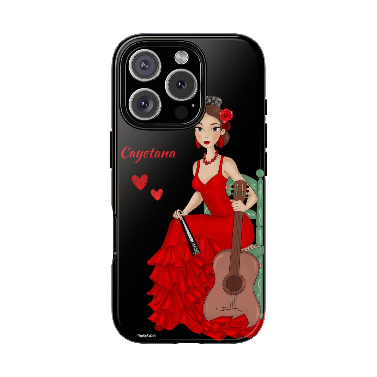 una funda de teléfono con una mujer en un vestido rojo sosteniendo una guitarra