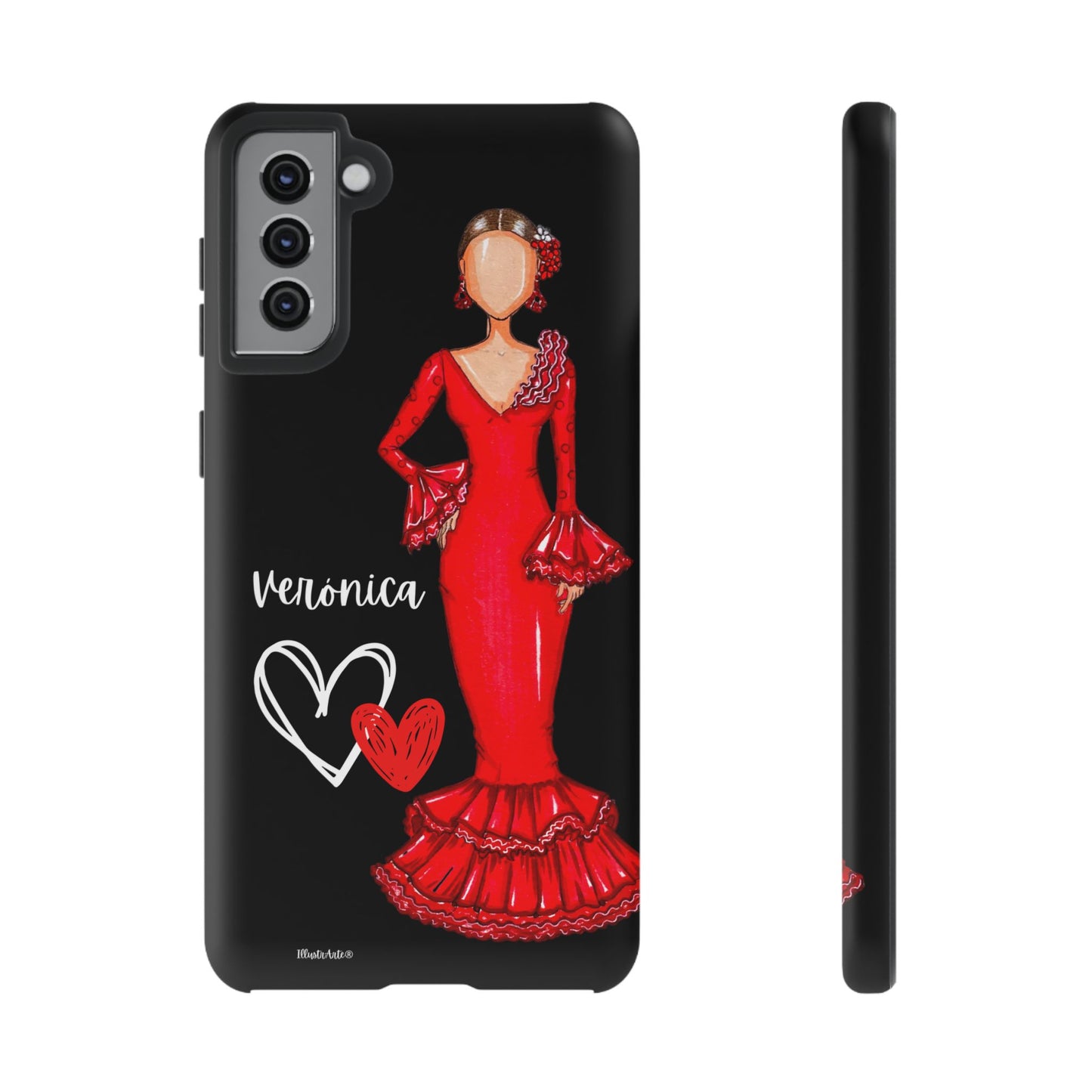 una funda de teléfono con un dibujo de una mujer con un vestido rojo