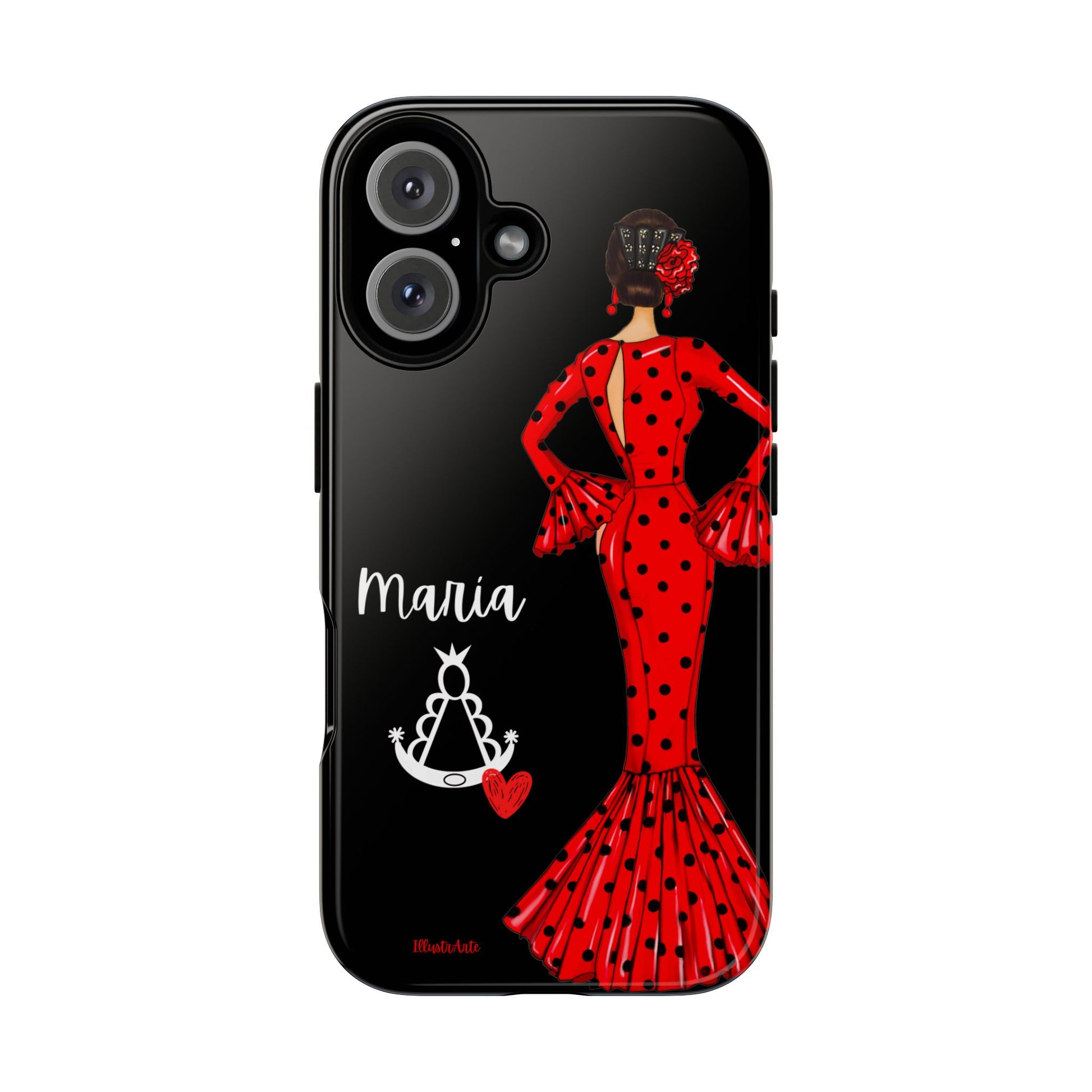 una funda de teléfono con una mujer en un vestido rojo