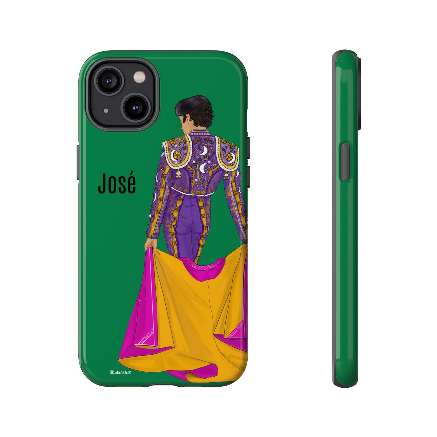 una funda de teléfono verde con una imagen de una mujer en un vestido púrpura y amarillo