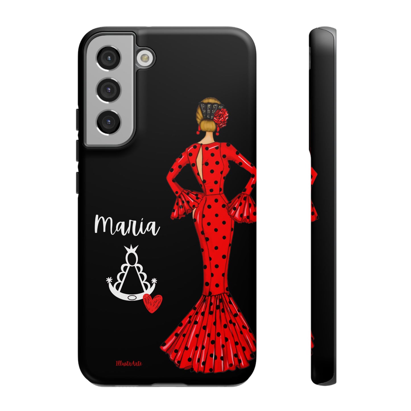 una funda de teléfono con una mujer en un vestido rojo