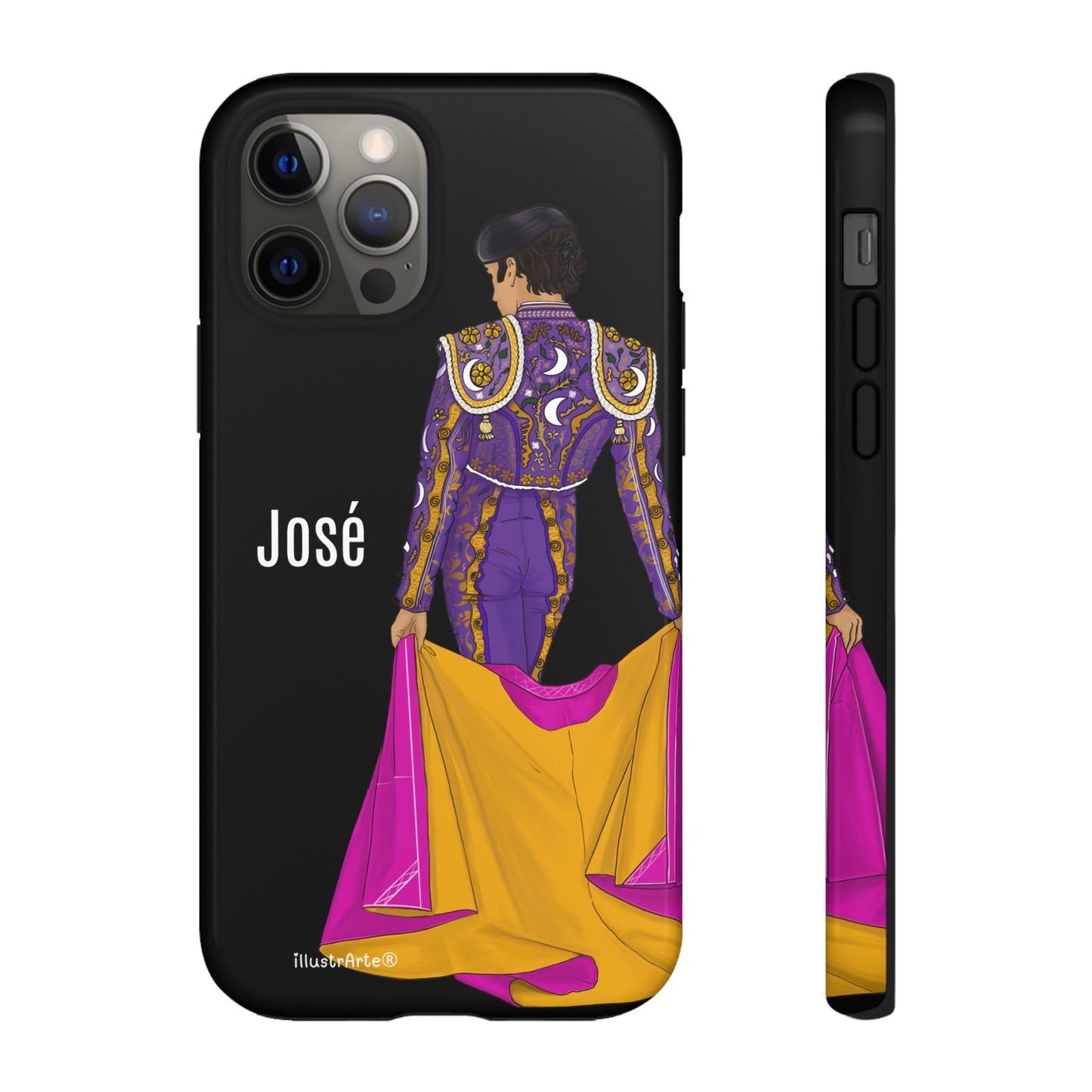Personalized phone case featuring bullfighter José on a green background – for iPhone, Samsung, Pixel