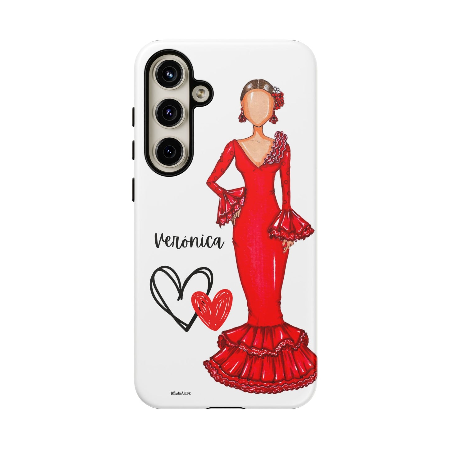 una funda de teléfono con un dibujo de una mujer en un vestido rojo