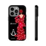 Personalised phone case flamenco dancer Macarena, with a little Virgin Mary for iPhone 14 Pro, gloss finish – illustrArte