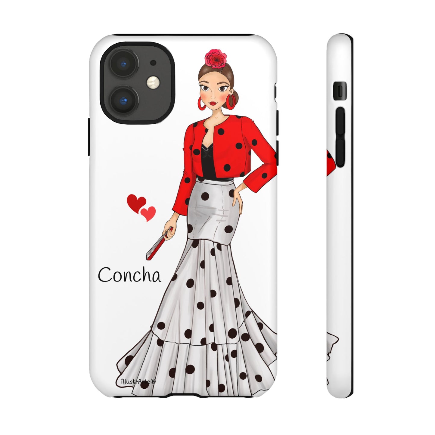 Vista lateral de la funda de teléfono personalizable con nombre y bandera en el modelo Conchita, ideal para iPhone, Samsung y Google Pixel.