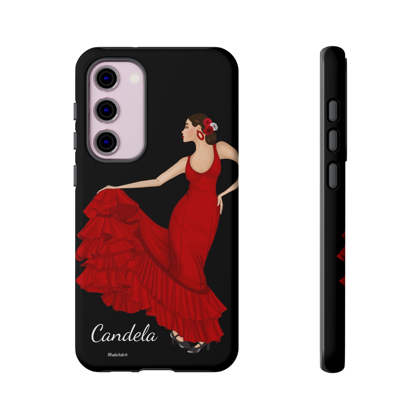 una funda de teléfono con una imagen de una mujer en un vestido rojo